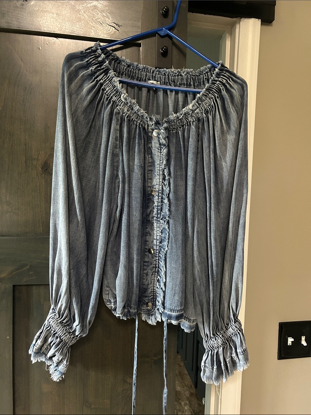 easel Washed Blue Off-Shoulder Button-Front Blouse